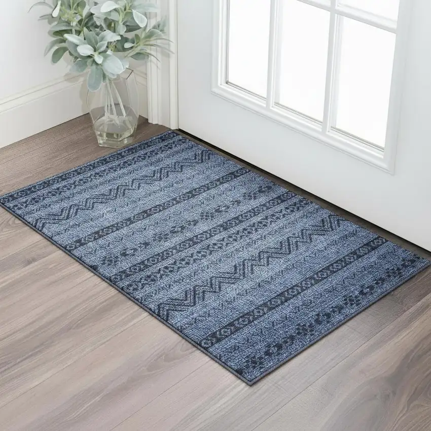 Navy Blue And Gray Southwestern Washable Area Rug With UV Protection Photo 2
