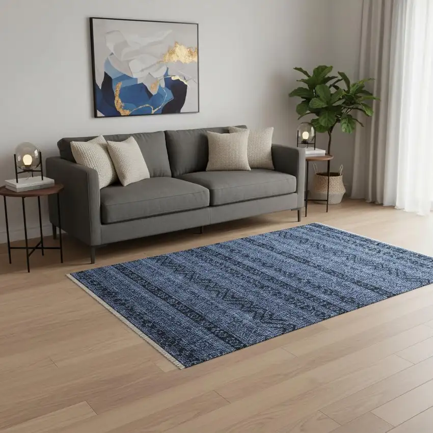 Navy Blue And Gray Southwestern Washable Area Rug With UV Protection Photo 2