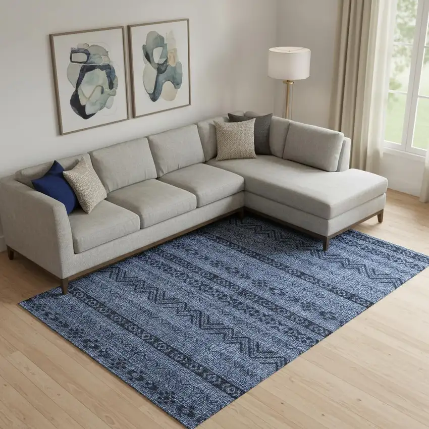 Navy Blue And Gray Southwestern Washable Area Rug With UV Protection Photo 1