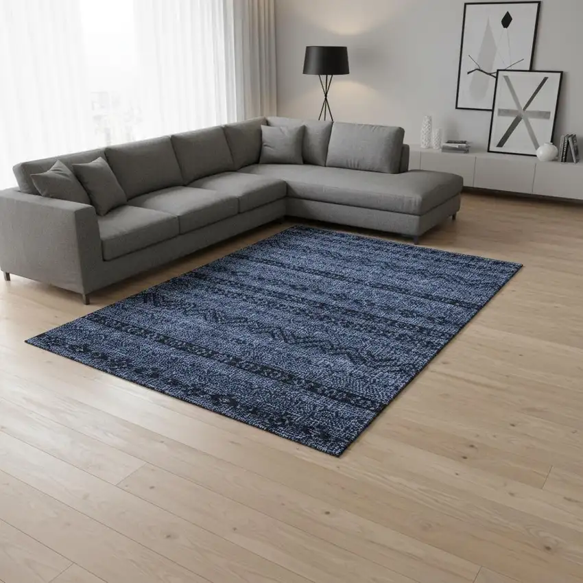 Navy Blue And Gray Southwestern Washable Area Rug With UV Protection Photo 2