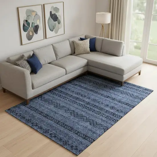 Navy Blue And Gray Southwestern Washable Area Rug With UV Protection Photo 1