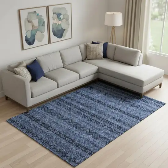 Navy Blue And Gray Southwestern Washable Area Rug With UV Protection Photo 1