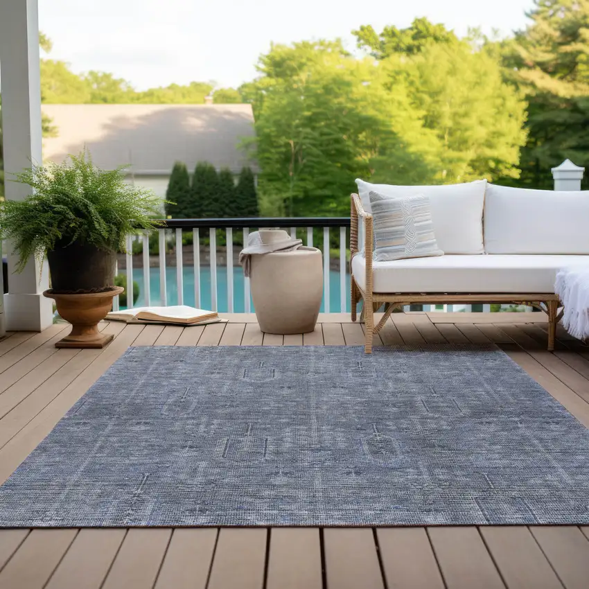 Navy Blue And Gray Southwestern Washable Indoor Outdoor Area Rug Photo 9