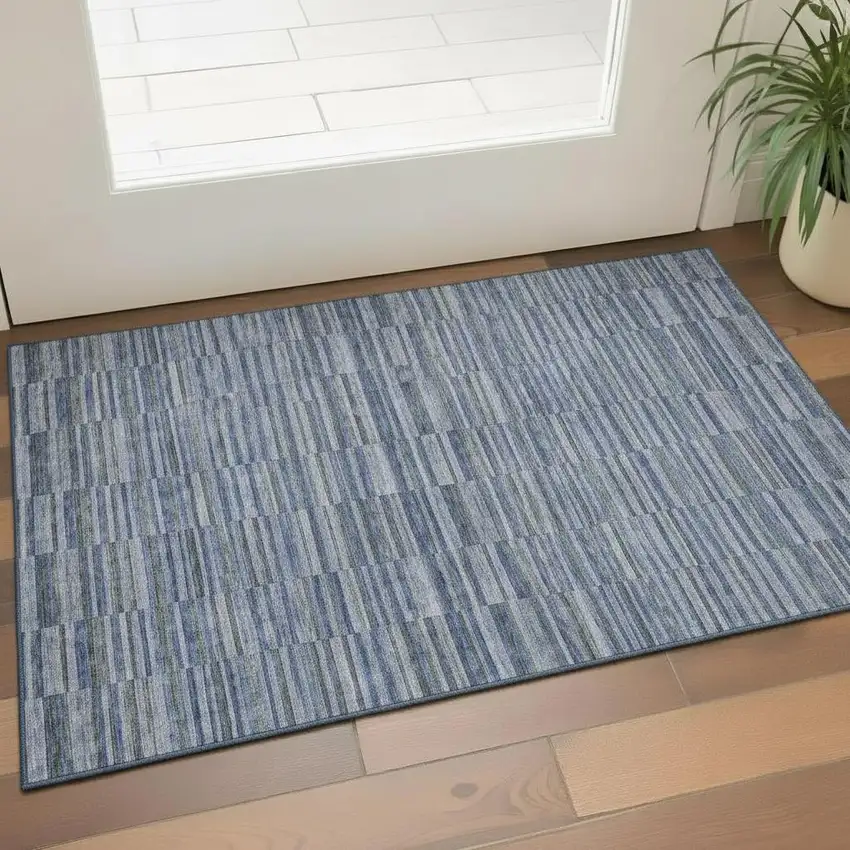 Navy Blue And Gray Striped Washable Area Rug With UV Protection Photo 1