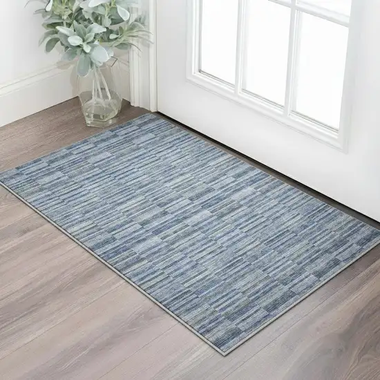 Navy Blue And Gray Striped Washable Area Rug With UV Protection Photo 2