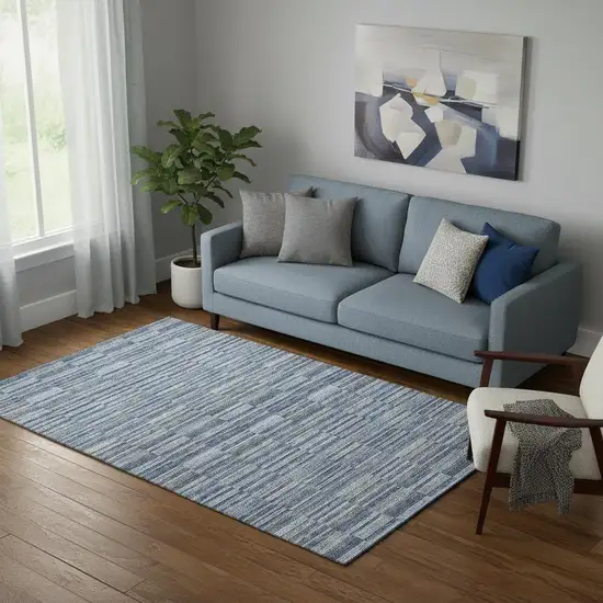 Navy Blue And Gray Striped Washable Area Rug With UV Protection Photo 1