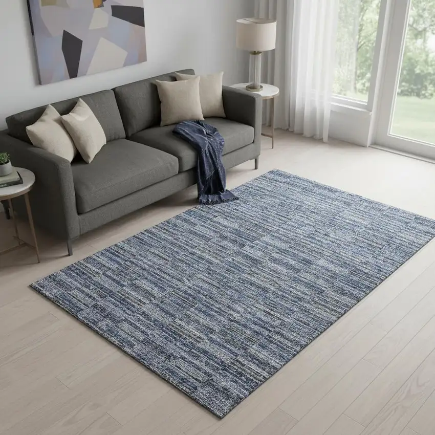 Navy Blue And Gray Striped Washable Area Rug With UV Protection Photo 2