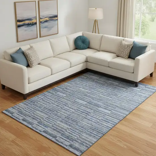 Navy Blue And Gray Striped Washable Area Rug With UV Protection Photo 1