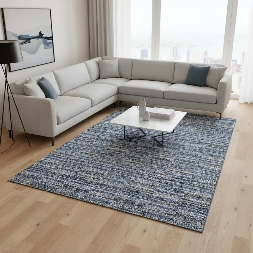 Navy Blue And Gray Striped Washable Area Rug With UV Protection Photo 2