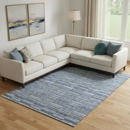 Navy Blue And Gray Striped Washable Area Rug With UV Protection Photo 1