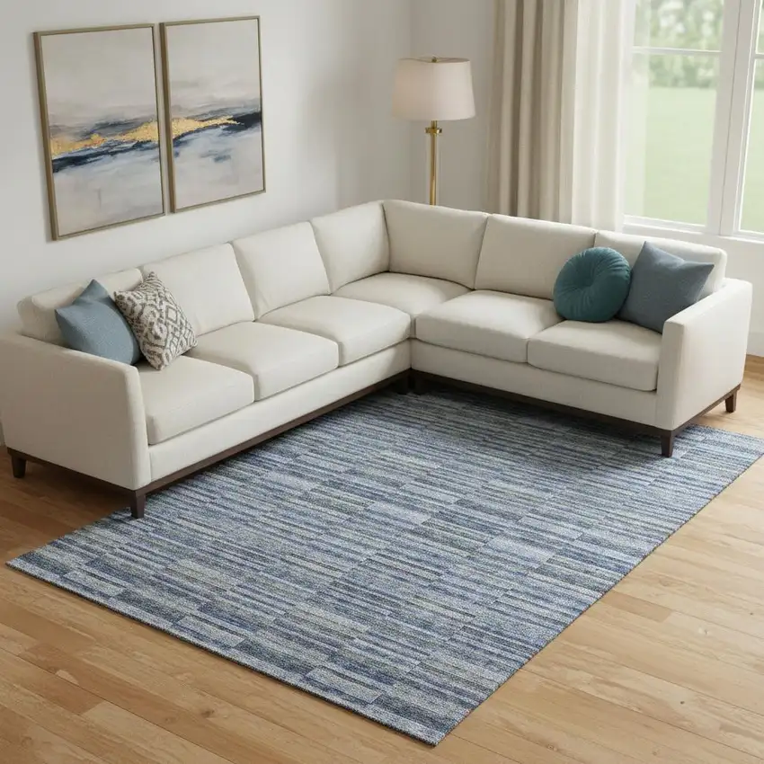 Navy Blue And Gray Striped Washable Area Rug With UV Protection Photo 1