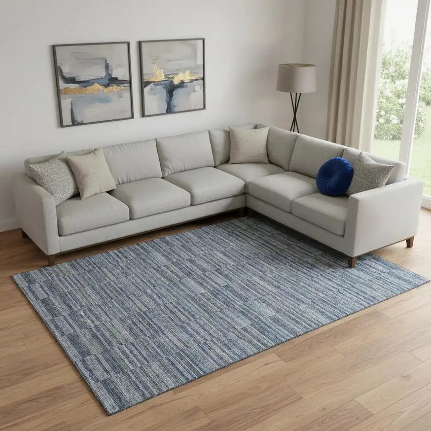 Navy Blue And Gray Striped Washable Area Rug With UV Protection Photo 1