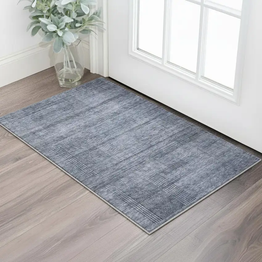Navy Blue And Gray Striped Washable Area Rug With UV Protection Photo 2