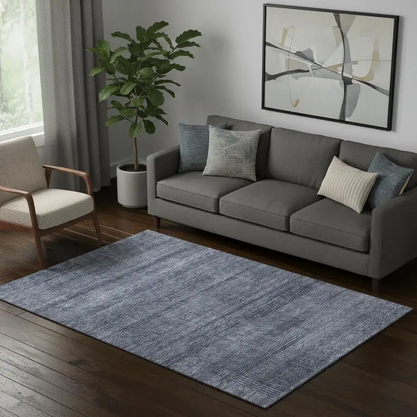 Navy Blue And Gray Striped Washable Area Rug With UV Protection Photo 1