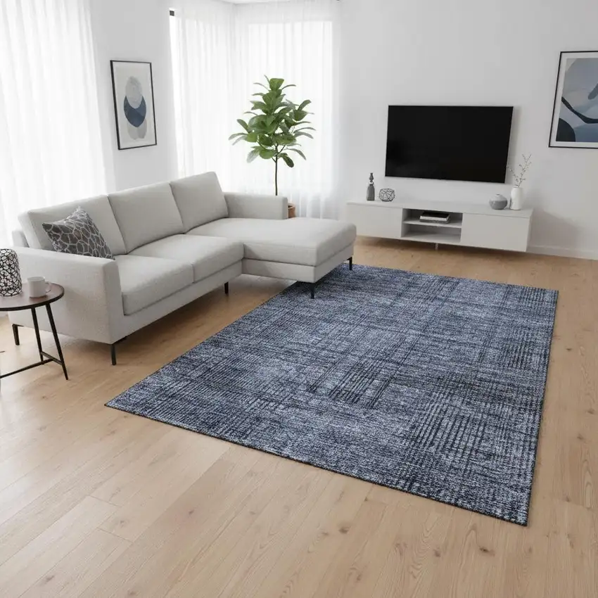 Navy Blue And Gray Striped Washable Area Rug With UV Protection Photo 2