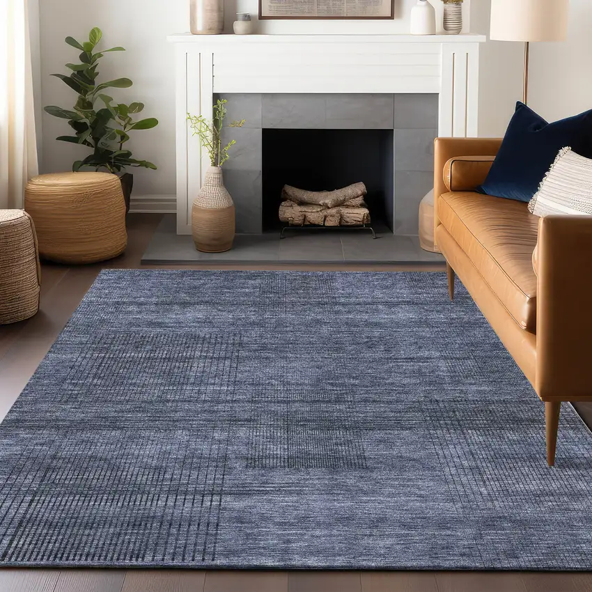 Navy Blue And Gray Striped Washable Area Rug With UV Protection Photo 6