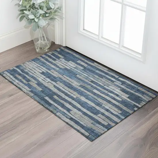 Navy Blue And Gray Striped Washable Area Rug With UV Protection Photo 2