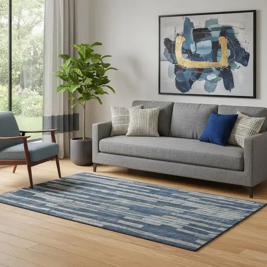 Navy Blue And Gray Striped Washable Area Rug With UV Protection Photo 2