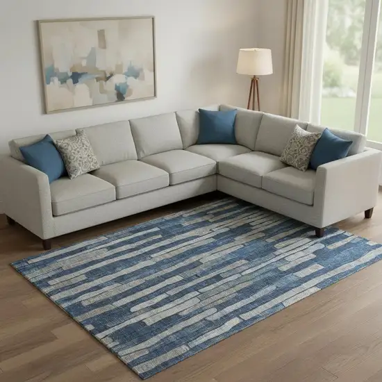 Navy Blue And Gray Striped Washable Area Rug With UV Protection Photo 2