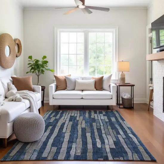 Navy Blue And Gray Striped Washable Area Rug With UV Protection Photo 6