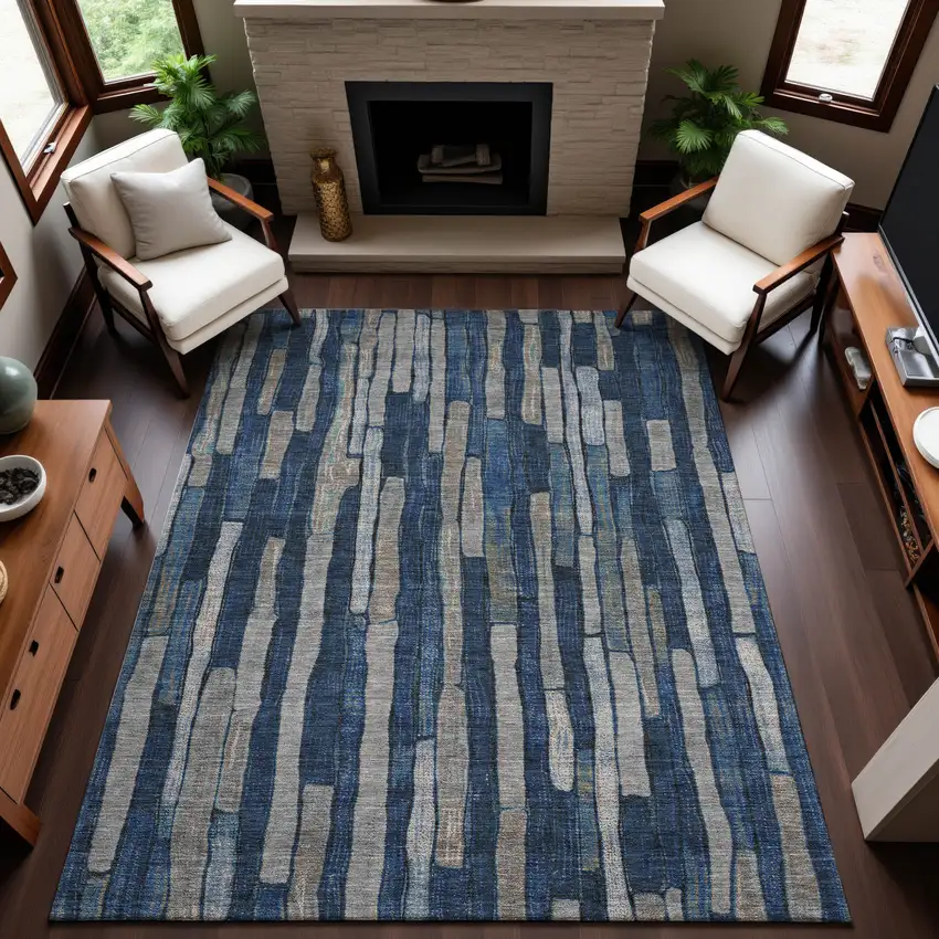 Navy Blue And Gray Striped Washable Area Rug With UV Protection Photo 4