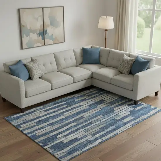 Navy Blue And Gray Striped Washable Area Rug With UV Protection Photo 2