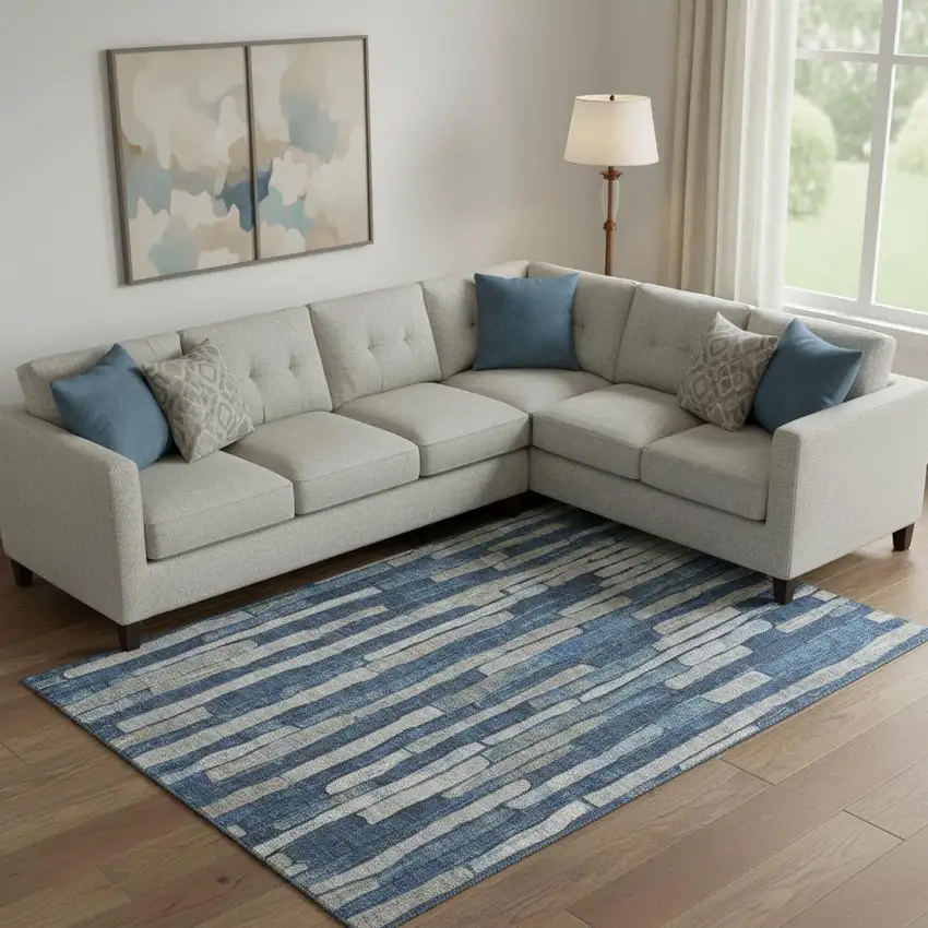 Navy Blue And Gray Striped Washable Area Rug With UV Protection Photo 2