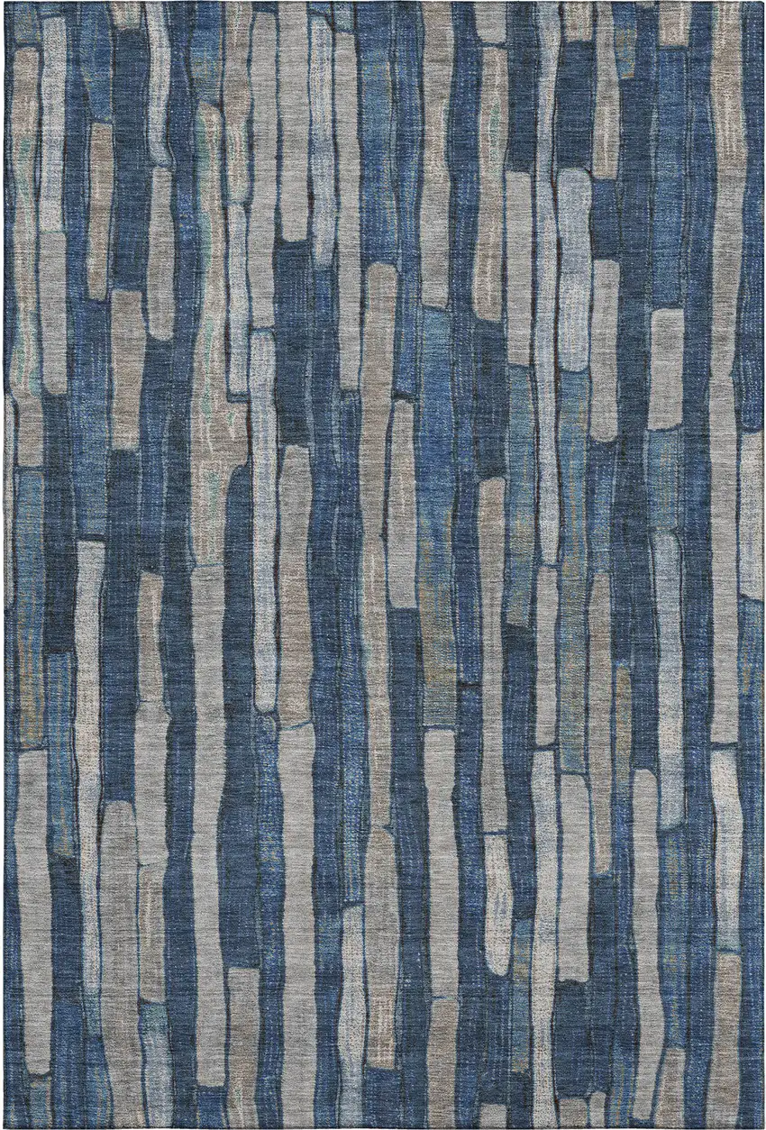 Navy Blue And Gray Striped Washable Area Rug With UV Protection Photo 1