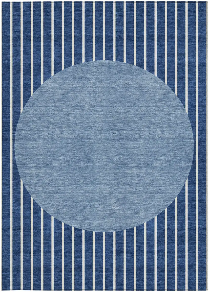 Navy Blue And Gray Striped Washable Indoor Outdoor Area Rug Photo 5