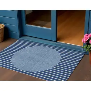 Photo of Navy Blue And Gray Striped Washable Indoor Outdoor Area Rug