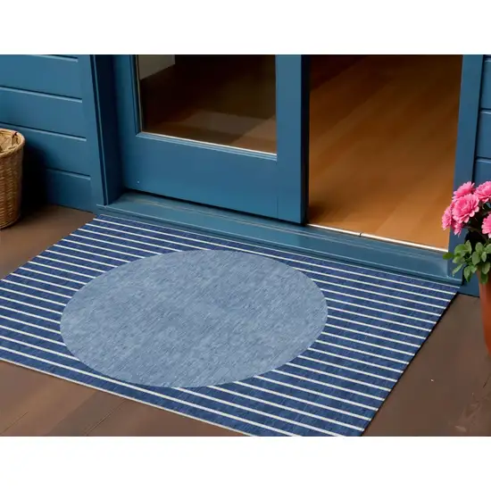 Navy Blue And Gray Striped Washable Indoor Outdoor Area Rug Photo 1