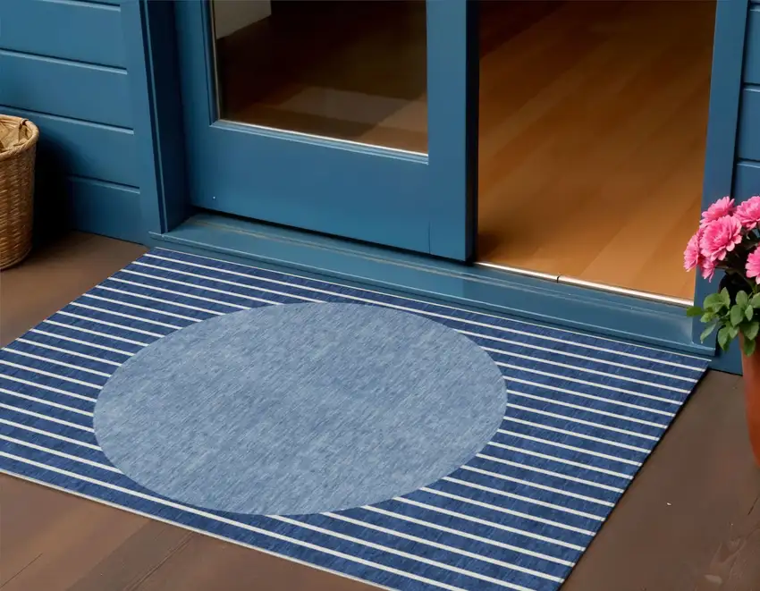Navy Blue And Gray Striped Washable Indoor Outdoor Area Rug Photo 1