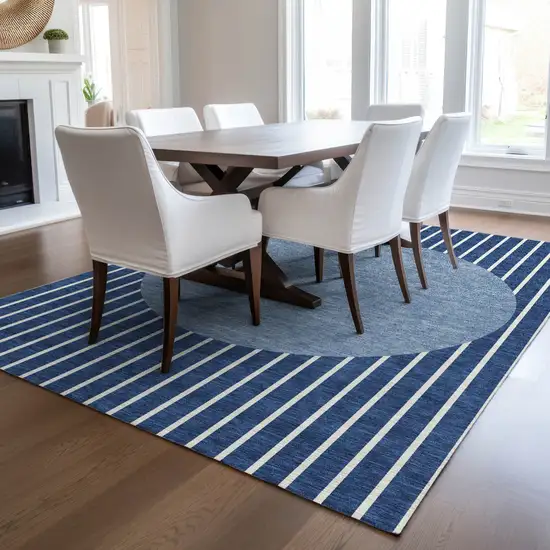 Navy Blue And Gray Striped Washable Indoor Outdoor Area Rug Photo 8