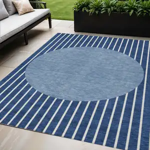Photo of Navy Blue And Gray Striped Washable Indoor Outdoor Area Rug