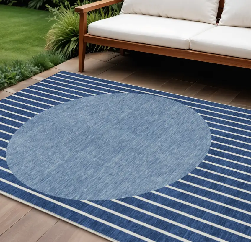 Navy Blue And Gray Striped Washable Indoor Outdoor Area Rug Photo 1