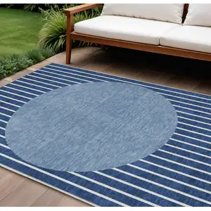 Photo of Navy Blue And Gray Striped Washable Indoor Outdoor Area Rug