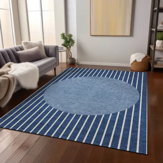 Navy Blue And Gray Striped Washable Indoor Outdoor Area Rug Photo 8