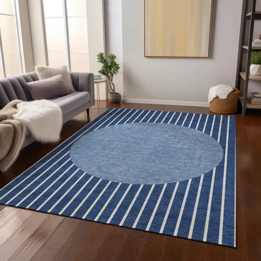 Navy Blue And Gray Striped Washable Indoor Outdoor Area Rug Photo 8
