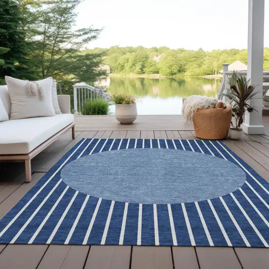 Navy Blue And Gray Striped Washable Indoor Outdoor Area Rug Photo 9