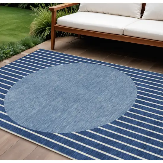 Navy Blue And Gray Striped Washable Indoor Outdoor Area Rug Photo 1