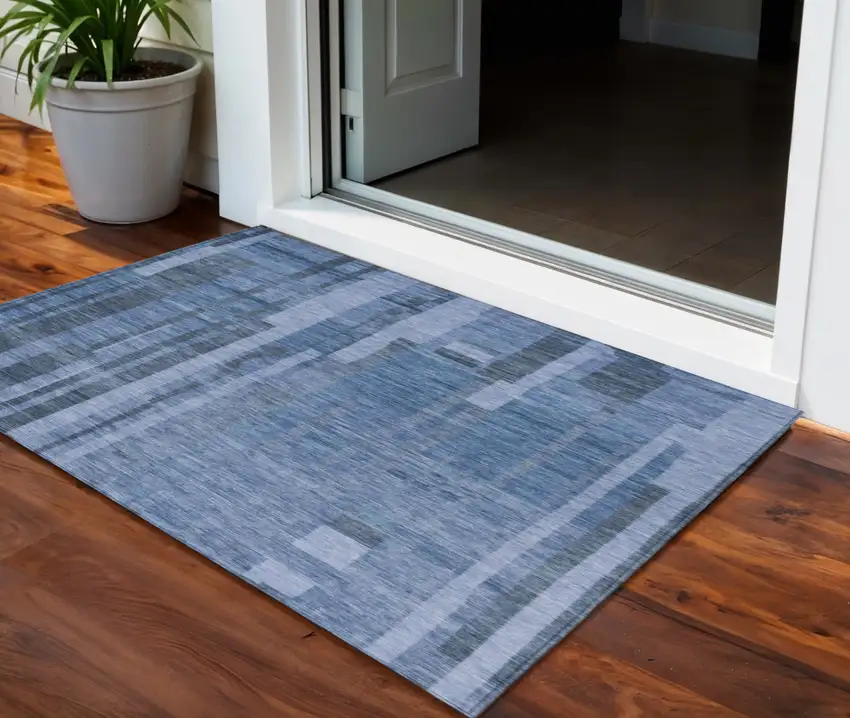Navy Blue And Gray Striped Washable Indoor Outdoor Area Rug Photo 1