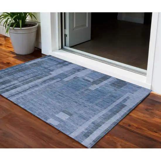 Navy Blue And Gray Striped Washable Indoor Outdoor Area Rug Photo 1
