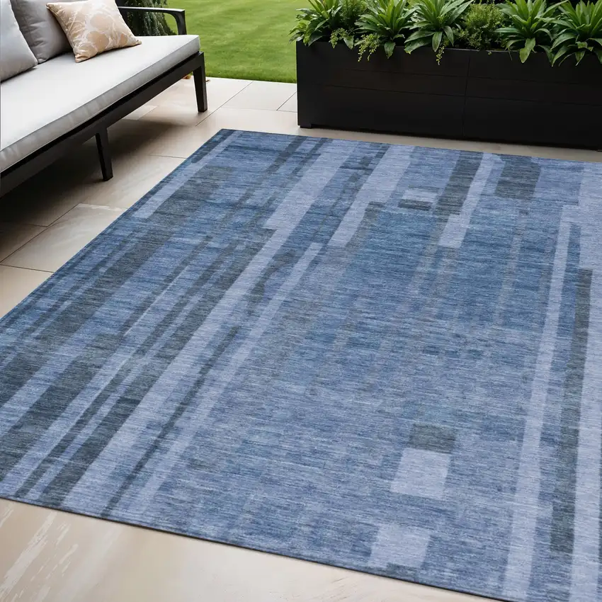 Navy Blue And Gray Striped Washable Indoor Outdoor Area Rug Photo 1
