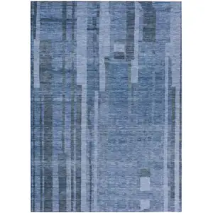 Photo of Navy Blue And Gray Striped Washable Indoor Outdoor Area Rug