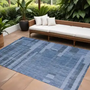 Photo of Navy Blue And Gray Striped Washable Indoor Outdoor Area Rug