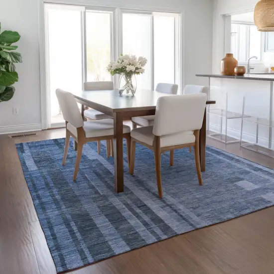 Navy Blue And Gray Striped Washable Indoor Outdoor Area Rug Photo 9