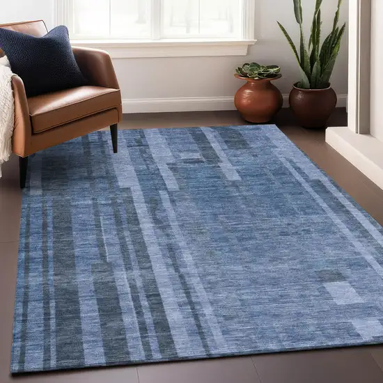 Navy Blue And Gray Striped Washable Indoor Outdoor Area Rug Photo 8