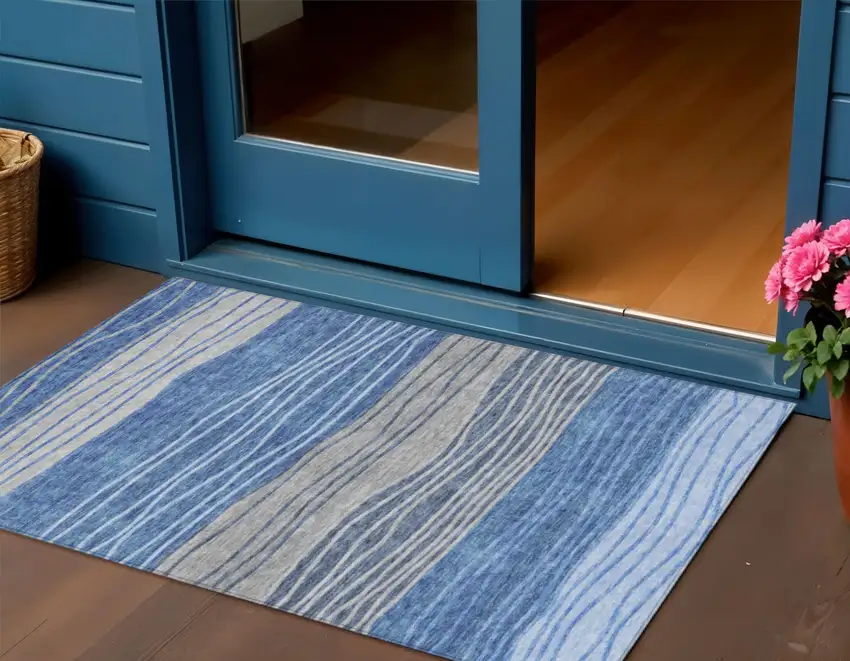 Navy Blue And Gray Striped Washable Indoor Outdoor Area Rug Photo 1