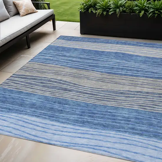 Navy Blue And Gray Striped Washable Indoor Outdoor Area Rug Photo 1