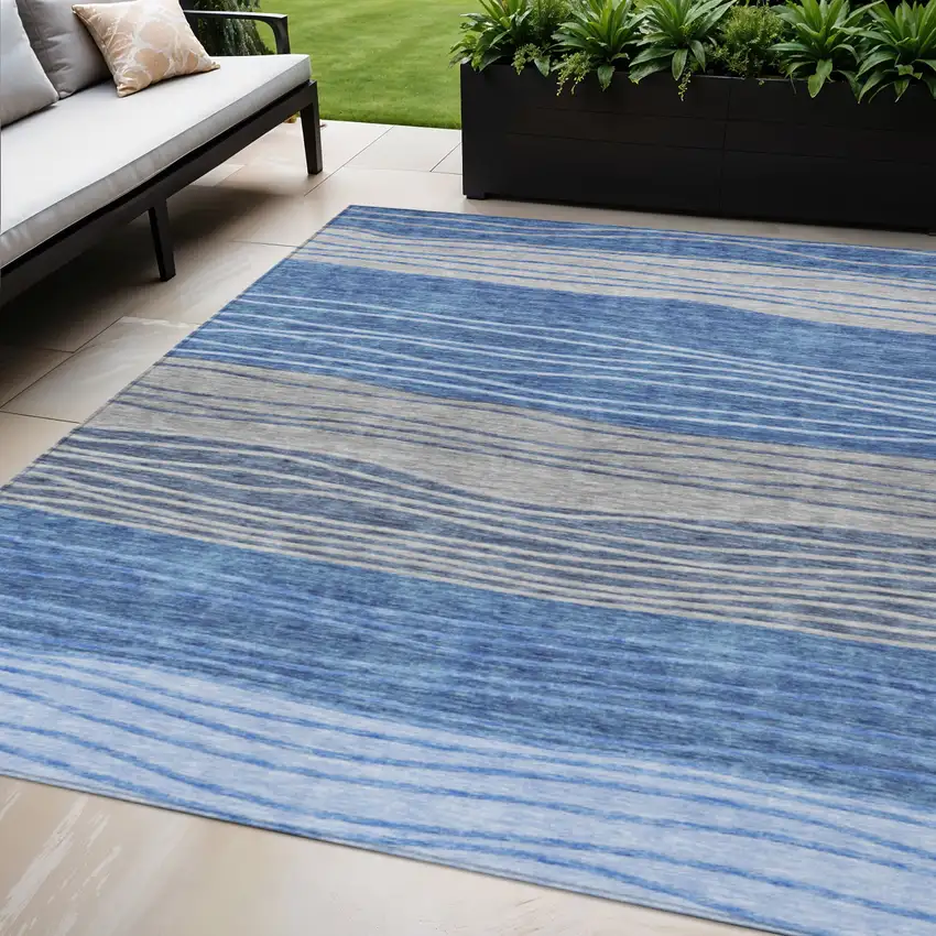 Navy Blue And Gray Striped Washable Indoor Outdoor Area Rug Photo 1